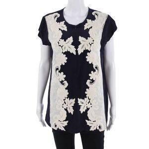 Rungolee Women Tunic Dark Blue Floral Silk Blend Short Sleeve Round Neck Size M